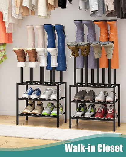 Black Boot Rack, Small Boot Rack Organizer Tall Boots with Shoe Rack for Closet, Bamboo Wood Shoe Shelf Storage Organizer for Entryway Small Space