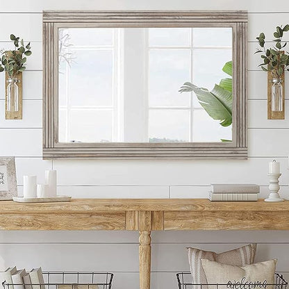 YOSHOOT Hand-Made Wooden Spliced Wall Mirror for Bathroom, Rustic Farmhouse Vanity Mirror, Décor Wall Art, Solid Wood Frame, Vertical or Horizontal Hanging, 72" x 36", Grey