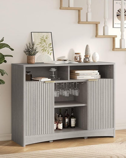 Marsail 47.2" Bar Cabinets with Storage, Modern Buffet Cabinet, Large Sideboard with 2 Fluted Panel Doors, Coffee Bar Cabinet with Adjustable Shelf and Glass Rack for Kitchen, Living Room, Grey