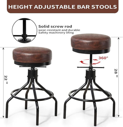 Counter Height Bar Stools Set of 3 Adjustable Swivel Barstools Industrial Modern PU Leather 28inch Round Backless Counter Height Stool Metal Bar Chair for Kitchen Island (3, Walnut)