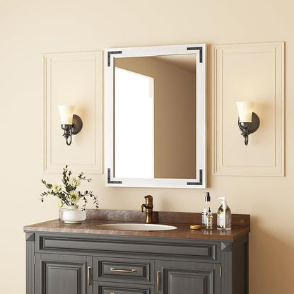 VocalStar White Wood Framed Mirror 24 x 32 Inch, Rustic Natural White Wooden Rectangle Bathroom Vanity Wall Mirror for Farmhouse Boho Decor, 1/4-inch Shatterproof Glass | Waterproof