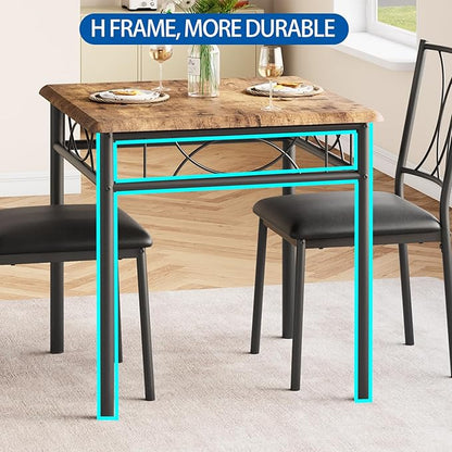 GarveeHome Small Dining Table Set for 2, Square Table and Chairs Set of 2, 3 Piece Kitchen Table Set of 2 with Upholstered Chairs, Dinner Table Set for 2 for Small Spaces, Apartment, Rustic Brown