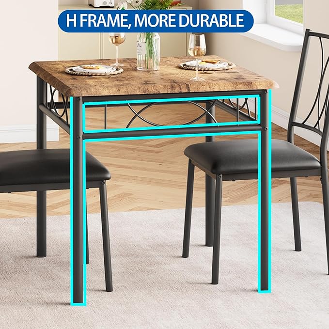 Dining Table Set for 2, Kitchen Table with 2 Upholstered Chairs, Wood 3-Piece Kitchen Dining Room Table Set for Apartment, Small Space, Space Saving, Retro Brown