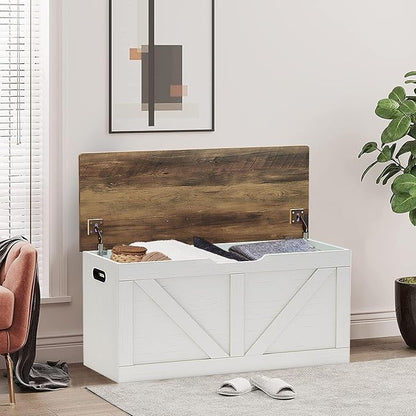39.4" Storage Chest, Wooden Storage Bench, Large Storage Trunk with 2 Safety Hinges, Entryway Shoes Bench for Living Room, Bedroom, Brown and Rustic White