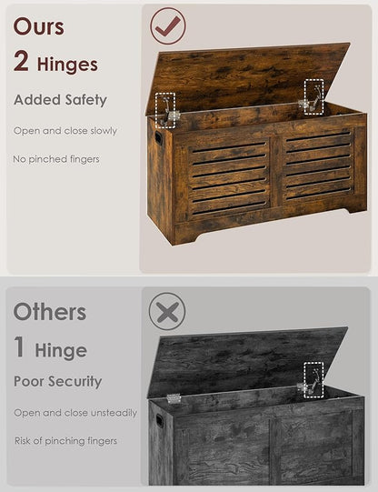 DINZI LVJ Storage Chest, 43.3” Wooden Toy Box with 2 Safety Hinges, Retro Entryway Shoe Storage Bench with Flip-Top, Sturdy Large Storage Trunk for Living Room, Bedroom, Easy Assembly, Rustic Brown