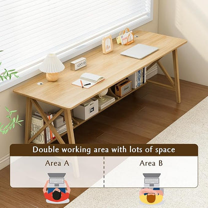 Extra Long Desk with Bookshelf - Wooden Home Office Work Study Table, 2-Person Writing Computer Workstation with Storage Shelf in Oak, 63" Wx20 Dx30 H