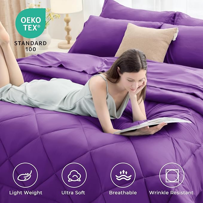 HEVUMYI Purple Full Comforter Set - 7-Piece All Season Bed in a Bag Full, Ultra Soft Bedding Set with Comforter, Flat Sheet, Fitted Sheet, Pillowcases, Pillow Shams