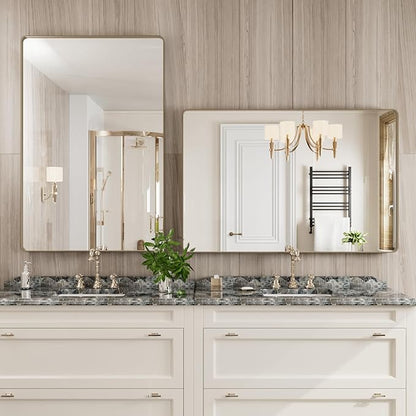 Bronze Bathroom Mirror 48x32 Inch, Brushed Bronze Metal Frame Mirror for Wall, Rounded Rectangle Bathroom Vanity Mirror with Tempered Glass, Anti-Rust, Horizontal/Vertical