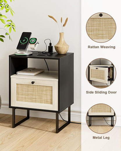 Rattan Nightstand with Charging Station, Boho Night Stand Farmhouse Wood Bedside Table with Storage and Open Shelf, End Side Accent Table for Bedroom,Living Room,Black and Oak