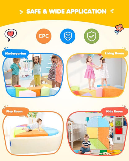 Kids Play Couch, 2-in-1 Heart-Shape Kids Plays Sofa with Unique Ball Pit(no Balls Included), Tangram Puzzle Play Couch for Playroom, Modular Play Sofa for Inspiring Creativity, Rainbow