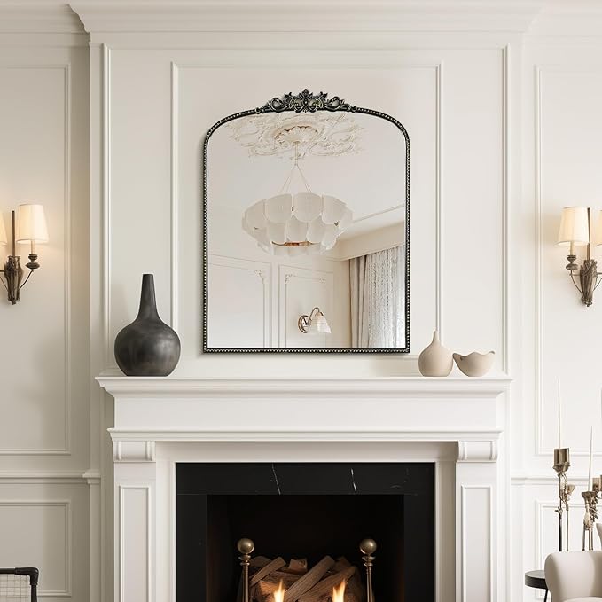 WallBeyond Gold Vintage Arched Mirror, 28x36 Inch, Black Ornate Frame, Wall Mounted, Rectangular, Art Deco Style for Bathroom, Living Room, Bedroom