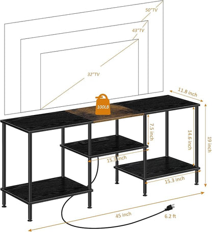 Small TV Stand with Power Outlet, Industrial TV Media Console with Storage Black Wood Entertainment Center up to 50 inch TV for Living Room, Bedroom, Kids Room