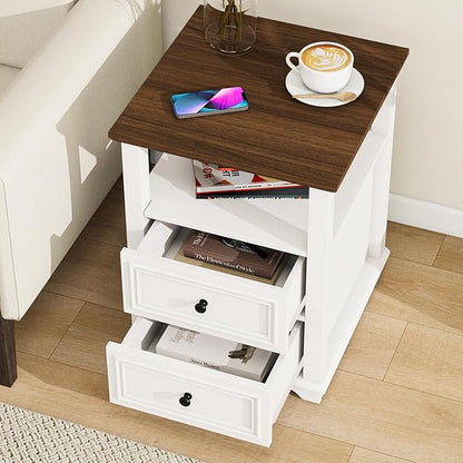 Vipbear Farmhouse Nightstand 18" White End Table with Charging Station & 2 Drawers, Rustic Bedside Table with Storage Shelf for Bedroom, Living Room,18.1" D x 18.1" W x 24.2" H