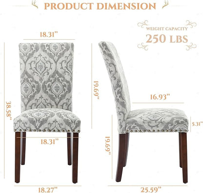 Parsons Dining Chairs Set of 2, Upholstered Nailhead Dining Room Kitchen Side Chair with Thick Cushions and Wood Legs, White/Grey