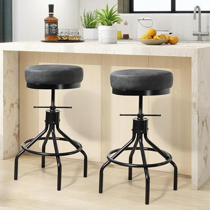 Swivel Bar Stools Adjustable Industrial Barstools Metal Modern PU Leather 28inch Round Backless Counter Height Stool Bar Chair for Kitchen Island (1, Grey)