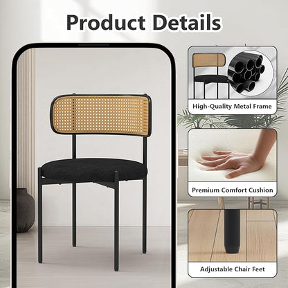 Mid Century Modern Dining Chairs Set of 4 with Rattan Backrest,Velvet Upholstered Accent Kitchen & Dining Room Chairs with Sturdy Metal Frame,Black