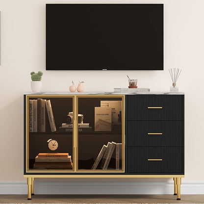 Buffet Sideboard Cabinet with Storage, 46.4" Large Fluted Kitchen Sideboard Cabinet with 2 Glass Doors 3 Drawers and Shelves, Faux Marble Top Buffet Table for Dining Room, Living Room, Black