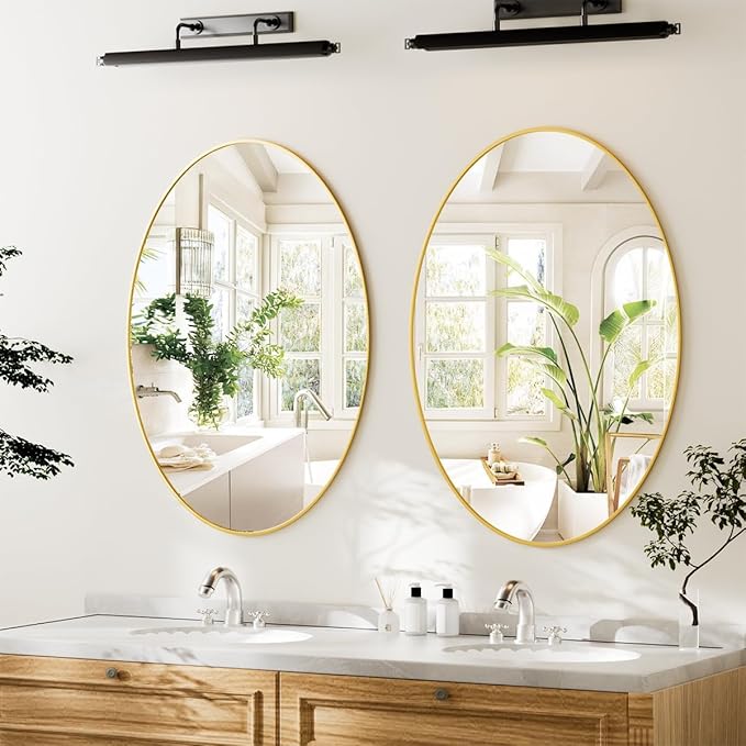 Koonmi Gold Oval Bathroom Mirror, 24"x31" Bathroom Vanity Mirror, Oval Mirror for Bedroom Living Room Entryway, Hangs Horizontal or Vertical