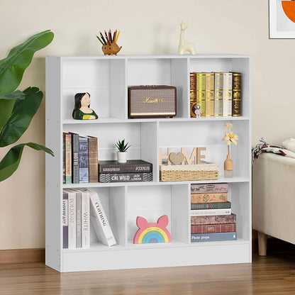YAHARBO White 3 Tier Bookshelf,Wide Modern Horizontal Bookcase,Wood Low Book Shelf,Wide Display Storage Cabinet with Base,Floor Standing 8 Cube Large Bookcases Organizer for Bedroom,Living Room,Office