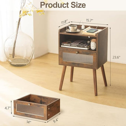 AWASEN Mid Century Night Stand with Charging Station, Wood Bedside Table with Glass Drawer, Small Modern Nightstand End Side Table with 2 Tiers Storage for Bedroom, Office(Rustic Brown)