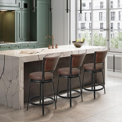 Bar Stools, Counter Height Barstools Set of 2, 25" Faux Leather Metal Round Swivel Bar Chairs with Back, Modern Upholstered Counter Stools for Kitchen Island, Brown