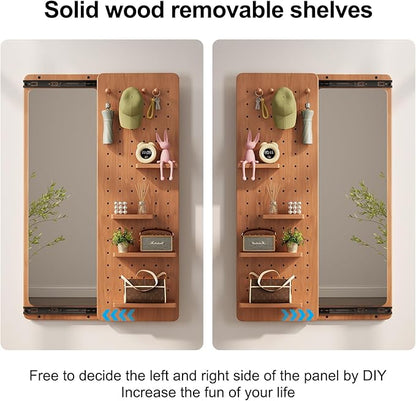 KungFuWood Full Length Mirror with Shelf and Hooks,Entry Way Mirrors for Wall,Wall Mirror with Shelf,Wall Mirror with Storage Multifunctional Design Panel,Living Room