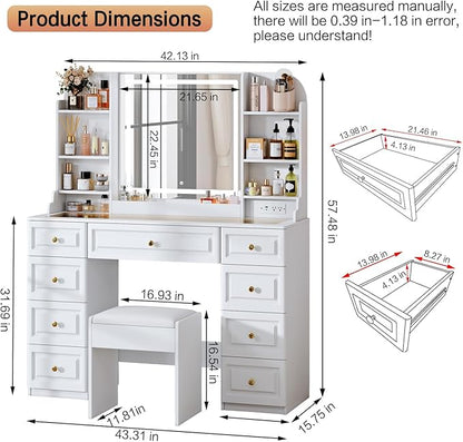 42" Makeup Vanity Desk with Mirror and Lights, & Power Outl, Glass Top Big Vanity Table with 9 Drawers& 8 Storage Shelves, Dressing Table Set with Chair for Bedroom, White