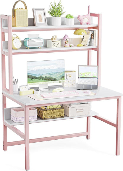 Aquzee Pink Desk with Hutch for Girls, 47in Computer Desk with Bookshelf for Teens Adults, Craft Table for Bedroom Kids Room, White Pink Study Table with Shelves for Storage
