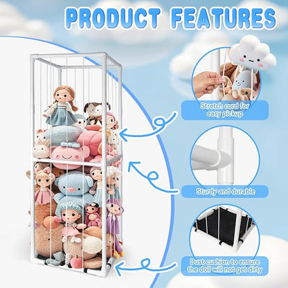 Stuffed Animal Zoo Storage - Tall PVC Material Toy Organizer with Elastic Cords & Shelf, Space-Saving Plushie Playhouse for Nursery, Playroom, Kids Bedroom - Easy Assembly