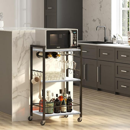 TUTOTAK Bar Cart, Home Bar Serving Cart, Small Wine Cart with 3-Tier Shelf, Beverage cart, Drink Cart with Wine Rack and Glass Holder, Rolling bar carts for Home, Living Room, Marble White BC01BM035