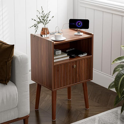 Side Table with Charging Station, Modern End Table with Fluted Drawer, Bedside Table, Night Stand with 2 Tiers Storage Space, for Bedroom, Living Room, Walnut