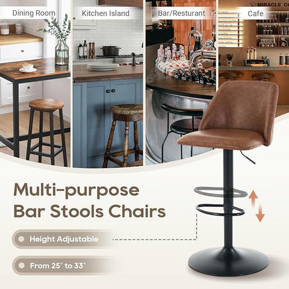 COLAMY Bar Stools Set of 2, Modern Swivel Bar Chairs, Adjustable PU Leather Upholstered Barstools Counter Height with Full Backrest for Bar, Dining Room, Kitchen Island, Brown