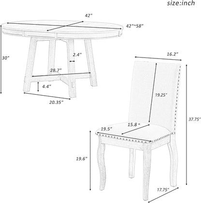 Ball & Cast 5 Piece Dining Table Set with 4 Upholstered Curved Legs Chairs,Living Room Furniture W/ 43" Round Extendable Desk,for Restaurant,Home Bistro,Oak Natural Wood + Antique White