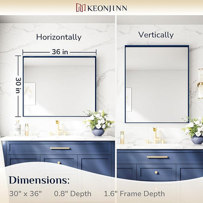 Keonjinn 30 x 36 Inch Blue Bathroom Mirror Metal Frame Navy Blue Wall Mirror for Bathroom Sink Rectangular Brushed Framed Vanity Mirror Square Corner Modern Rectangle Mirror(Horizontal/Vertical)