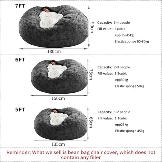 Bean Bag Chairs for Kids Comfy Fluffy Big Joe Bean Bag Chair Cover Without Filler Round Sofa Chairs for Bedroom Living Room Decor, 5FT, Rose Red