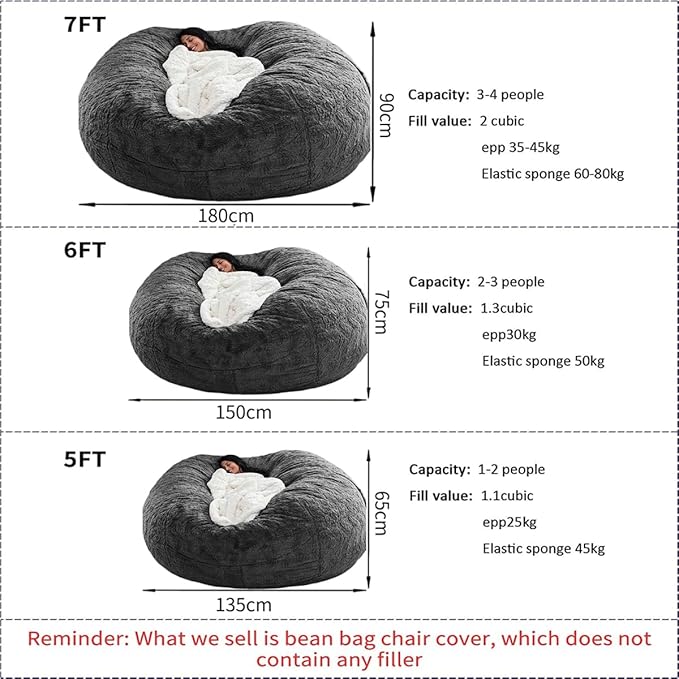 Bean Bag Chairs for Kids Comfy Fluffy Big Joe Bean Bag Chair Cover Without Filler Round Sofa Chairs for Bedroom Living Room Decor, 5FT, White