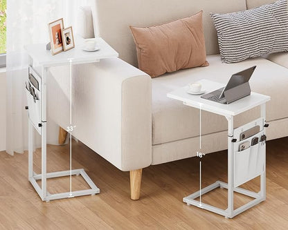 Vagusicc C Shaped End Table, 33" Tall Side Table for Couch, Adjustable Height Recliner Table Small Couch Side Tables, Sofa Tables Slide Under Sofa TV Tray Arm C Table for Living Room, Bedroom, White