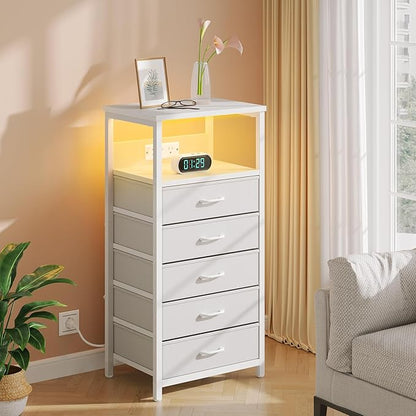 Seventable Night Stand with Charging Station, Tall Nightstand with 5 Fabric Storage Drawers, Side Table with LED Light for Bedroom, Entryway, White, Set of 2