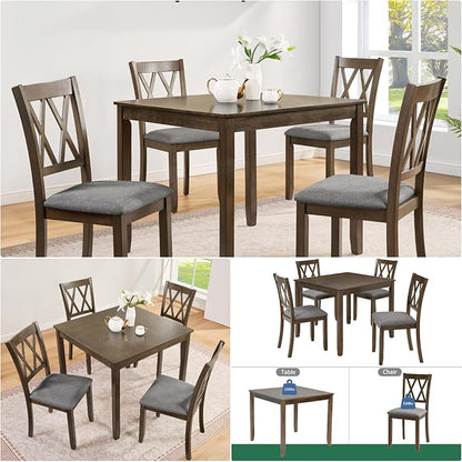 Dining Table Set, Wooden Kitchen Table Set with Square Table, 4 Vertical X Backrest Upholstered Chairs, Table and Chairs with Non-Slip Feetmats for 4 People, Living Room and Kitchen, Walnut