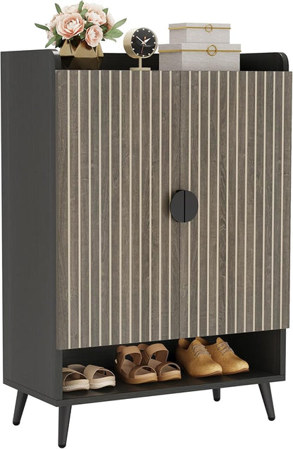 Tribesigns Shoe Cabinet with Doors, 7-Tier Shoe Storage Cabinet with Adjustable Shelves, Wooden Shoes Rack Shoe Storage Organizer for Entryway, Hallway, Closet, Living Room, Gray