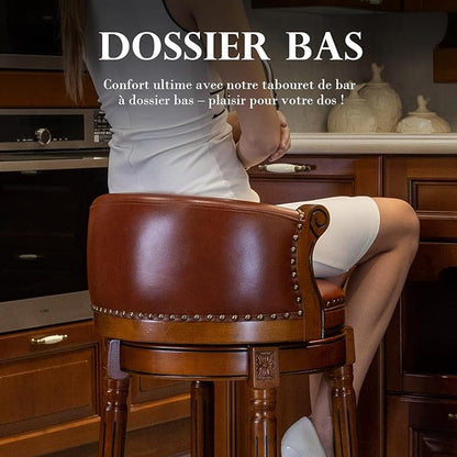 Cow top Leather Wooden Bar Stools, 26" Counter Height Bar Chair with Back, 180 Degrees Swivel Barstools Chair for Home Kitchen Counter,Dining Room, Restaurant