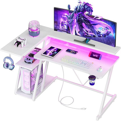 40 Inch Gaming Desk with Power Outlet & LED Lights, L Shaped Computer Gaming Table with 3 Tiers Storage Shelves, Corner Gamer Desk with Monitor Stand for Small Space, Carbon Fiber White