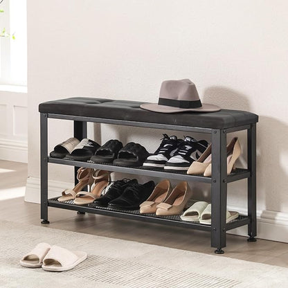 Apicizon 35.5" Shoe Rack Bench, 3-Tier Entryway Bench, with Leather Seat and Metal Frame, Loads 300 lb, Suitable for Living Room, Hallway, Mudroom, Doorway, Black
