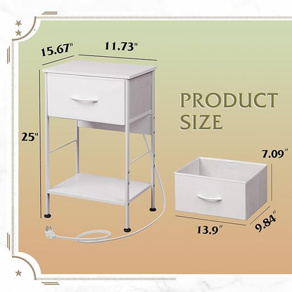 WLIVE Nightstand with Charging Station, 25" H Nightstand with 1 Fabric Drawer and Open Wood Shelf, Bed Side Table for Bedroom, 2-Tier Storage End Table, Small Dresser for Dorm, Entryway, White
