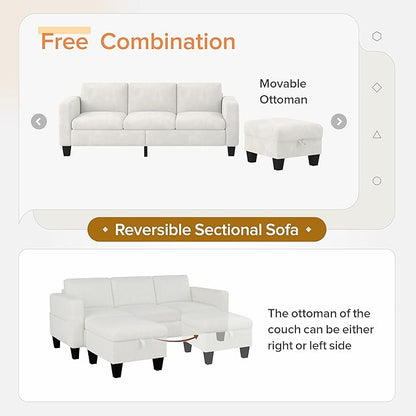ZeeFu Convertible Sectional Sofa Couch, 3 Seat L-Shaped Sofa with Movable Ottoman, Modern Mocha Brown Velvet Linen Upholstered Small Sectional Sofa Couch for Small Space Apartment Living Room Office