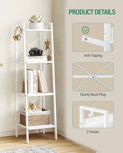 Ladder Shelf, Bookshelf Bookcase, Freestanding Corner Storage Shelve with 2 Hooks for Home Office, Living Room, Kitchen, Bedroom, Industrial, 4-Tier White BC13213W