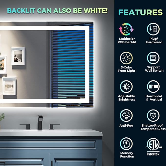 36x30 Inch RGB LED Bathroom Mirror Front Light and RGB Backlit Lighted Vanity Mirror for Bathroom Wall Mounted Dimmable Anti Fog Memory Shatter-Proof IP54 Waterproof Horizontal/Vertical