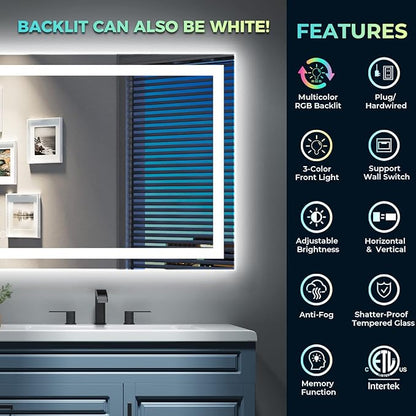 36x30 Inch RGB LED Bathroom Mirror Front Light and RGB Backlit Lighted Vanity Mirror for Bathroom Wall Mounted Dimmable Anti Fog Memory Shatter-Proof IP54 Waterproof Horizontal/Vertical