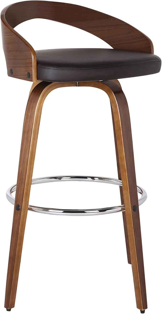 Armen Living Sonia 26" Counter Height Swivel Brown Faux Leather and Walnut Wood Bar Stool - Set of 4