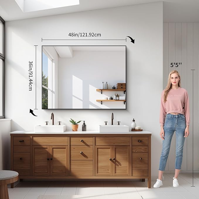 YIROMAN Bathroom Mirror 48"x36", Large Brushed Gold Bathroom Mirror for Over Sink with Aluminum Frame, Rectangular Vanity Mirror with Right Angle, Wall Mirror Hangs Horizontal or Vertical